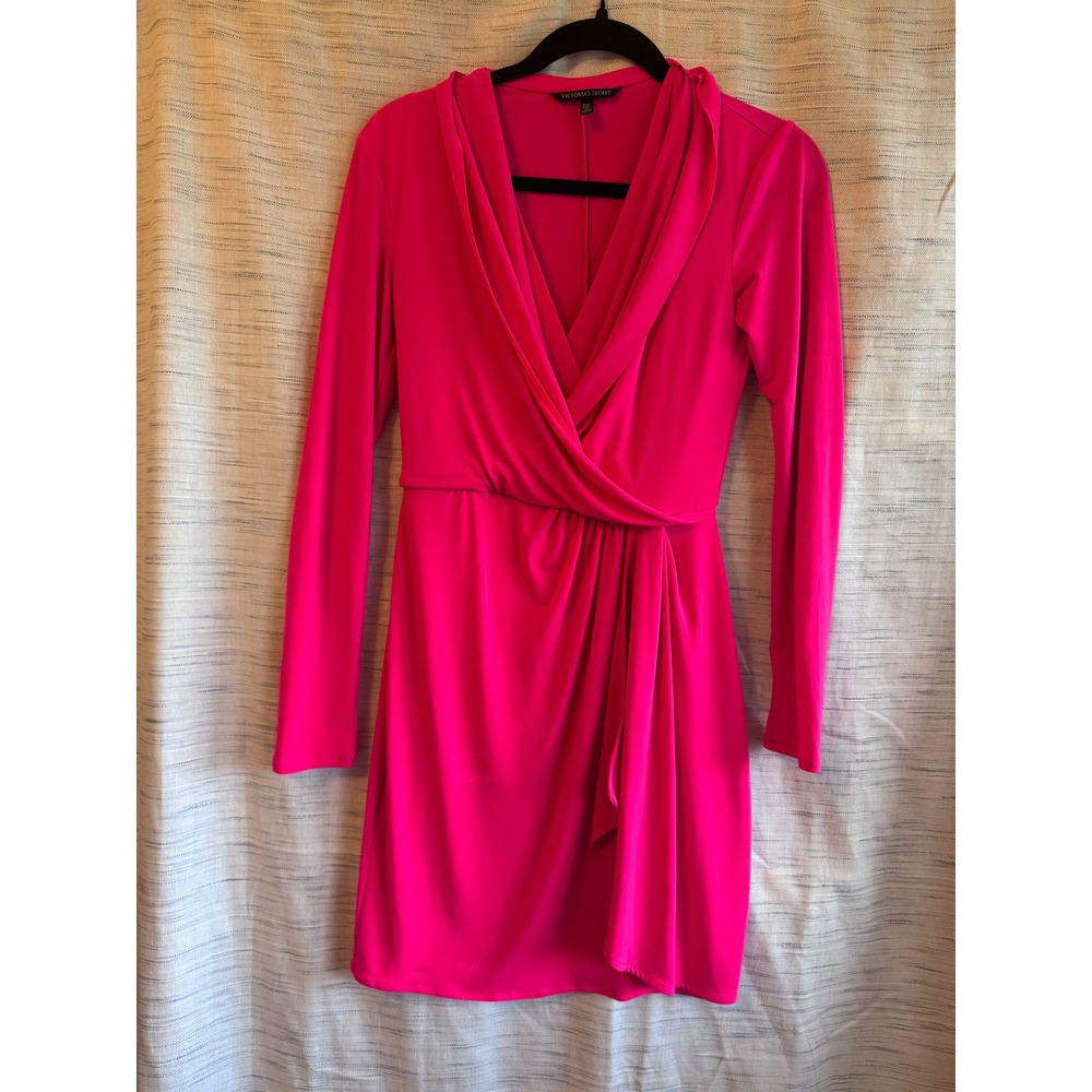Victorias Secret Hot Pink Long Sleeve Wrap Mini Dress Surplice V-Neck XS